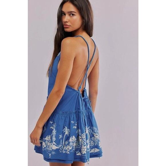 Free People‎ Deserted Island Mini Dress Women L Blue Open Back Boho Summer Beach - Picture 2 of 13
